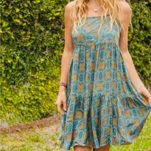 NATURAL LIFE Blue and Orange Floral lace v neck slip Dress s